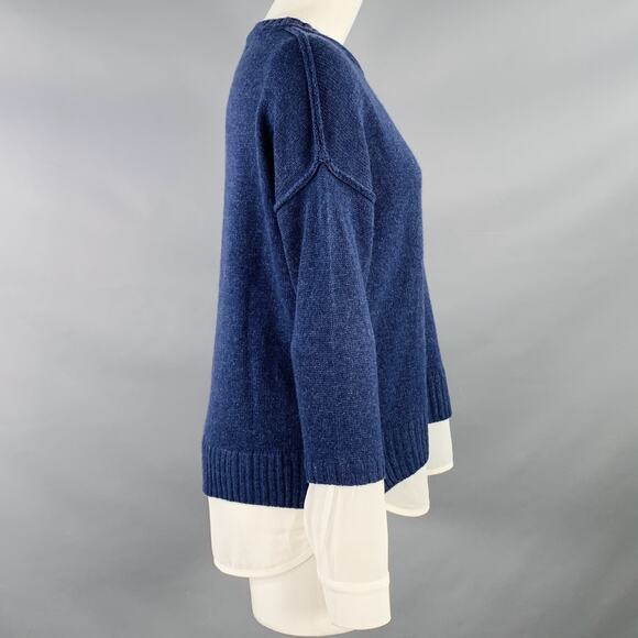 Size S Blue Cream Wool Cashmere Oversized Contrast Trim Faux Layer Pullover - Picture 2 of 7